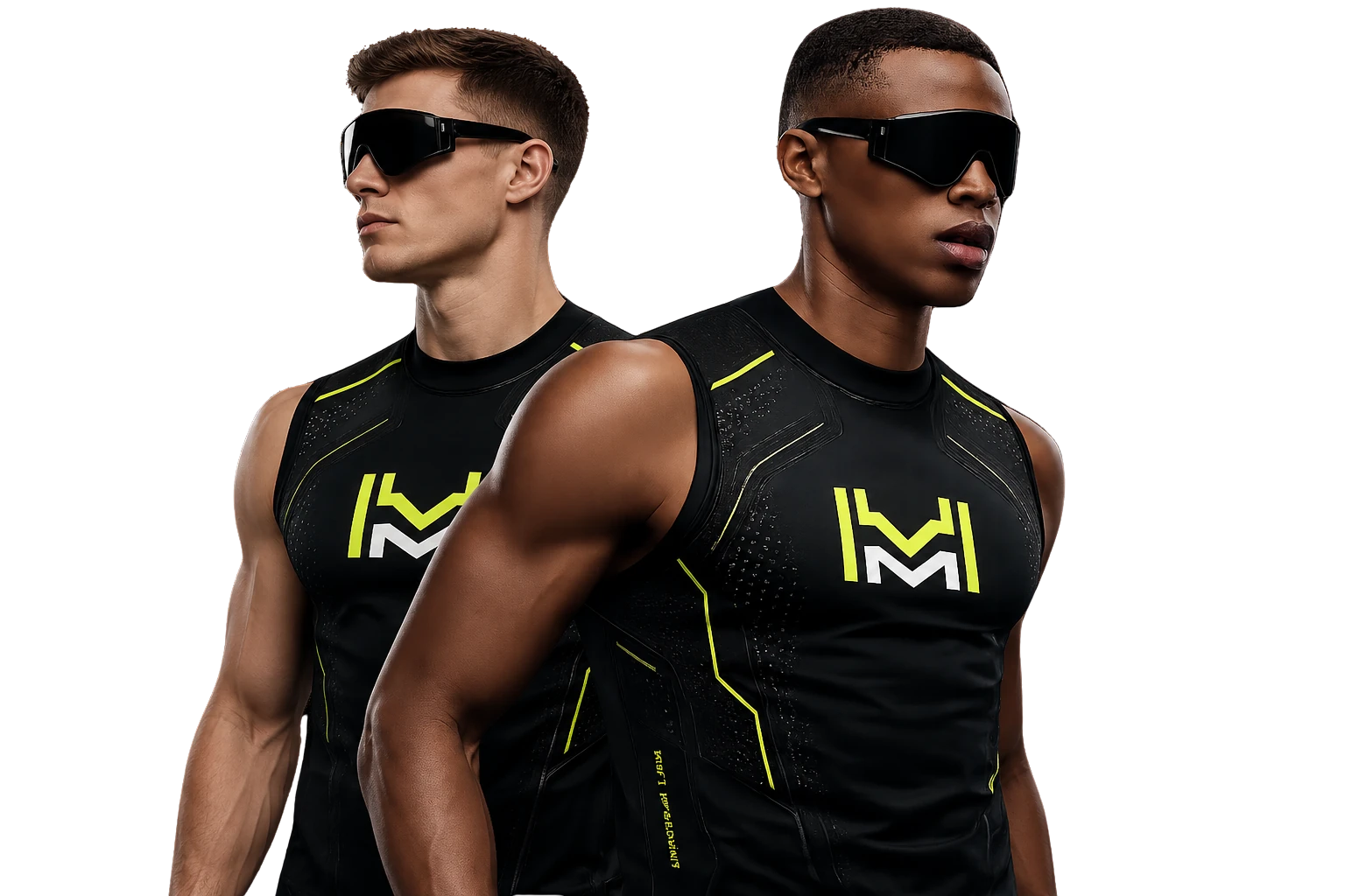 Two athletes in black MaxFit training kit with lime trim, standing in front of the MaxFit pattern.